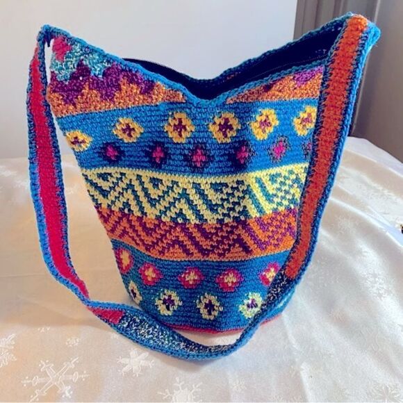 Macrame Woven Bucket Bag Crossbody Handbag Large & Round Bottom Boho Gorgeous - Picture 1 of 5